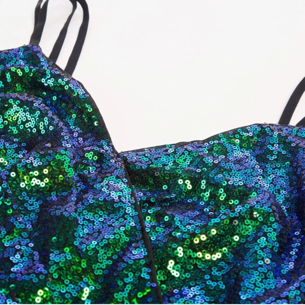 NWT Sequin Ruched V-Neck Dress in Iridescent Green and Blue - Picture 10 of 11